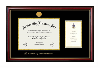 Academy of Art University Diploma with Announcement Frame in Petite Mahogany with Gold Trim with Black & Gold Mats for DOCUMENT: 8 1/2"H X 11"W  ,  7"H X 4"W  