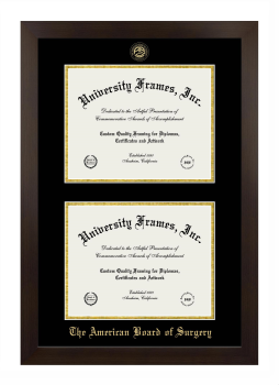 American Board of Surgery Double Degree (Stacked) Frame in Manhattan Espresso with Black & Gold Mats for DOCUMENT: 8 1/2"H X 11"W  , DOCUMENT: 8 1/2"H X 11"W  