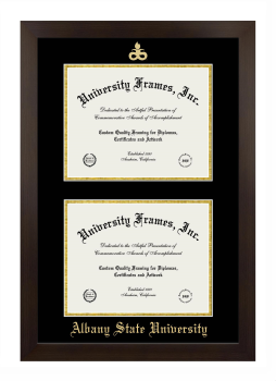 Albany State University (Albany, GA) Double Degree (Stacked) Frame in Manhattan Espresso with Black & Gold Mats for DOCUMENT: 8 1/2"H X 11"W  , DOCUMENT: 8 1/2"H X 11"W  