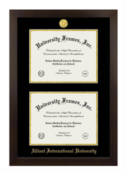 Alliant International University Double Degree (Stacked) Frame in Manhattan Espresso with Black & Gold Mats for DOCUMENT: 8 1/2"H X 11"W  , DOCUMENT: 8 1/2"H X 11"W  