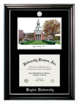 Baylor University Double Opening with Campus Image (Stacked) Frame in Classic Ebony with Silver Trim with Black & Silver Mats for DOCUMENT: 8 1/2"H X 11"W  