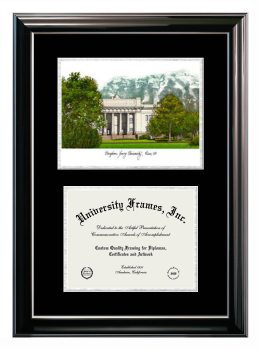 Brigham Young University Ira A. Fulton College of Engineering and Technology Double Opening with Campus Image (Stacked) Frame in Classic Ebony with Silver Trim with Black & Silver Mats for DOCUMENT: 8 1/2"H X 11"W  