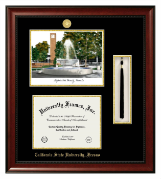California State University, Fresno Double Opening with Campus Image & Tassel Box (Stacked) Frame in Avalon Mahogany with Black & Gold Mats for DOCUMENT: 8 1/2"H X 11"W  