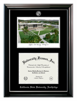 California State University, Northridge Double Opening with Campus Image (Stacked) Frame in Classic Ebony with Silver Trim with Black & Silver Mats for DOCUMENT: 8 1/2"H X 11"W  