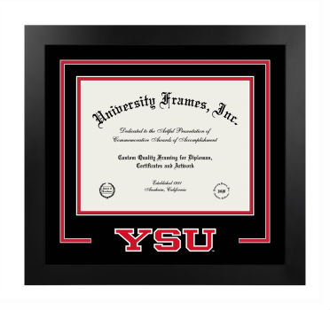Youngstown State University Logo Mat Frame in Manhattan Black with Black & Red Mats for DOCUMENT: 8 1/2"H X 11"W  