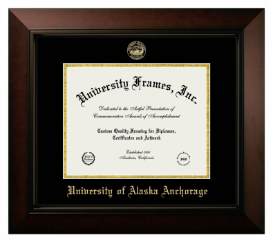 University of Alaska Anchorage Diploma Frame in Legacy Black Cherry with Black & Gold Mats for DOCUMENT: 8 1/2"H X 11"W  