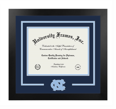 University of North Carolina at Chapel Hill Logo Mat Frame in Manhattan Black with Navy Blue & Light Blue Mats for DOCUMENT: 8 1/2"H X 11"W  