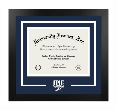 University of North Florida Logo Mat Frame in Manhattan Black with Navy Blue & White Mats for DOCUMENT: 8 1/2"H X 11"W  