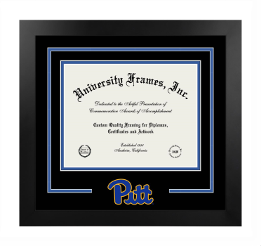 University of Pittsburgh Logo Mat Frame in Manhattan Black with Black & Royal Blue Mats for DOCUMENT: 8 1/2"H X 11"W  