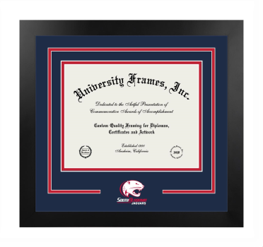 University of South Alabama Logo Mat Frame in Manhattan Black with Navy Blue & Red Mats for DOCUMENT: 8 1/2"H X 11"W  