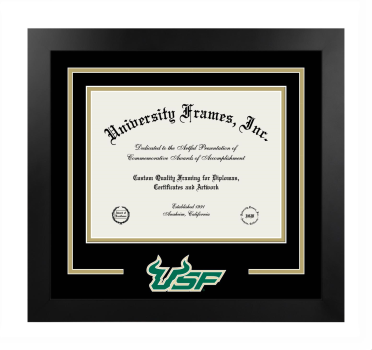 University of South Florida Logo Mat Frame in Manhattan Black with Black & Tan Mats for DOCUMENT: 8 1/2"H X 11"W  