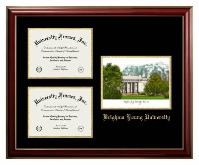Brigham Young University Triple Opening with Campus Image Frame in Classic Mahogany with Gold Trim with Black & Gold Mats for DOCUMENT: 8 1/2"H X 11"W  , DOCUMENT: 8 1/2"H X 11"W  