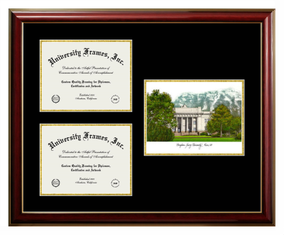 Brigham Young University College of Health and Human Performance Triple Opening with Campus Image Frame in Classic Mahogany with Gold Trim with Black & Gold Mats for DOCUMENT: 8 1/2"H X 11"W  , DOCUMENT: 8 1/2"H X 11"W  