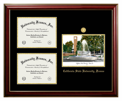 California State University, Fresno Triple Opening with Campus Image Frame in Classic Mahogany with Gold Trim with Black & Gold Mats for DOCUMENT: 8 1/2"H X 11"W  , DOCUMENT: 8 1/2"H X 11"W  