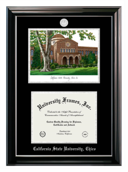 California State University, Chico Double Opening with Campus Image (Stacked) Frame in Classic Ebony with Silver Trim with Black & Silver Mats for DOCUMENT: 8 1/2"H X 11"W  