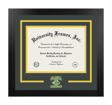 University of Alaska Anchorage Logo Mat Frame in Manhattan Black with Forest Green & Amber Mats for DOCUMENT: 8 1/2"H X 11"W  