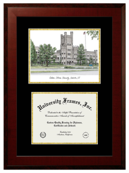 Eastern Illinois University Double Opening with Campus Image (Unimprinted Mat) Frame in Honors Mahogany with Black & Gold Mats for DOCUMENT: 8 1/2"H X 11"W  