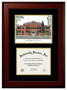 Eastern Michigan University Double Opening with Campus Image (Unimprinted Mat) Frame in Honors Mahogany with Black & Gold Mats for DOCUMENT: 8 1/2"H X 11"W  