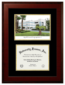 Embry-Riddle Aeronautical University (Daytona Campus) Double Opening with Campus Image (Unimprinted Mat) Frame in Honors Mahogany with Black & Gold Mats for DOCUMENT: 8 1/2"H X 11"W  
