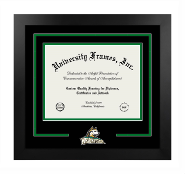 Wright State University Logo Mat Frame in Manhattan Black with Black & Kelly Green Mats for DOCUMENT: 8 1/2"H X 11"W  