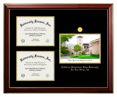 California Polytechnic State University - San Luis Obispo Triple Opening with Campus Image Frame in Classic Mahogany with Gold Trim with Black & Gold Mats for DOCUMENT: 8 1/2"H X 11"W  , DOCUMENT: 8 1/2"H X 11"W  