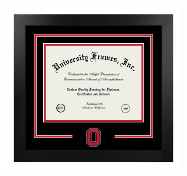 Ohio State University Logo Mat Frame in Manhattan Black with Black & Red Mats for DOCUMENT: 8 1/2"H X 11"W  