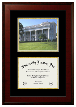 Double Opening with Campus Image (Unimprinted Mat) Frame in Honors Mahogany with Black & Gold Mats for DOCUMENT: 8 1/2"H X 11"W  