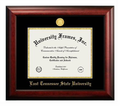 East Tennessee State University Diploma Frame in Satin Mahogany with Black & Gold Mats for DOCUMENT: 8 1/2"H X 11"W  