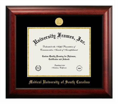 Medical University of South Carolina Diploma Frame in Satin Mahogany with Black & Gold Mats for DOCUMENT: 8 1/2"H X 11"W  