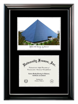 California State University, Long Beach Double Opening with Campus Image (Stacked) Frame in Classic Ebony with Silver Trim with Black & Silver Mats for DOCUMENT: 8 1/2"H X 11"W  