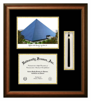 California State University, Long Beach Double Opening with Campus Image & Tassel Box (Stacked) Frame in Satin Walnut with Black & Gold Mats for DOCUMENT: 8 1/2"H X 11"W  