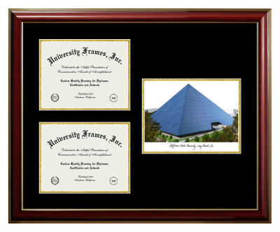 California State University, Long Beach Triple Opening with Campus Image Frame in Classic Mahogany with Gold Trim with Black & Gold Mats for DOCUMENT: 8 1/2"H X 11"W  , DOCUMENT: 8 1/2"H X 11"W  